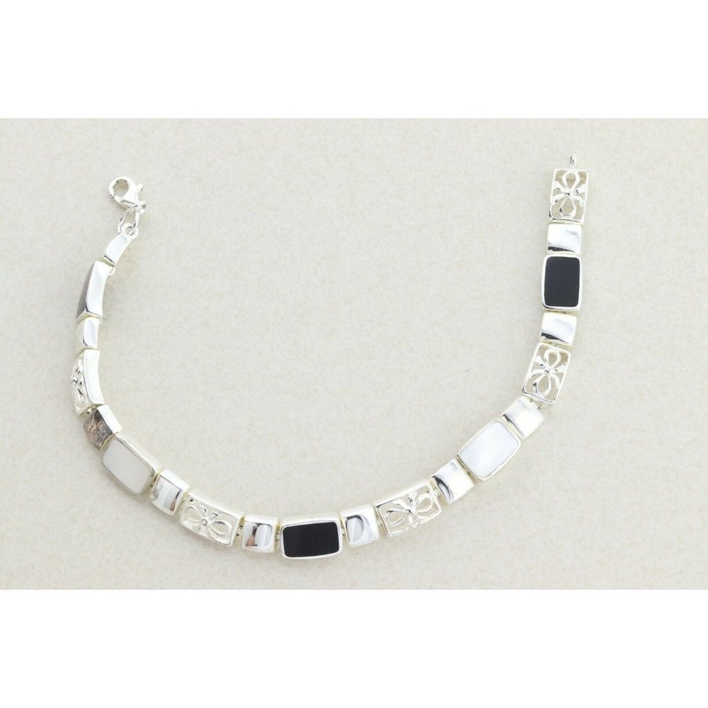 Sterling Silver Onyx and Marcasite Bracelet 7 3/4 inch - Picture 5 of 10